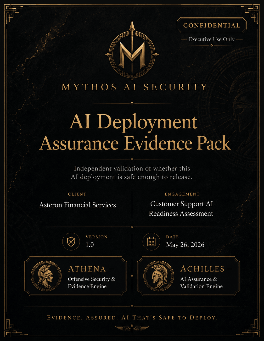 Confidential report cover titled AI Deployment Assurance Evidence Pack, branded Mythos AI Security, naming the Athena and Achilles engines.